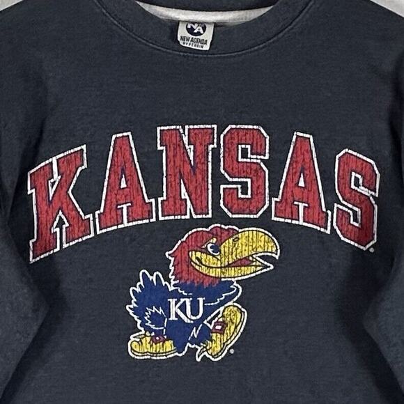 Vintage Y2k Kansas University KU Sweatshirt Mens Medium Gray/Blue Long Sleeve - Picture 2 of 10